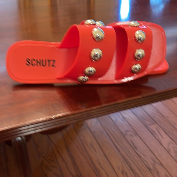Schutz Red Slide Sandals with Gold Accents - Picture 3 of 6